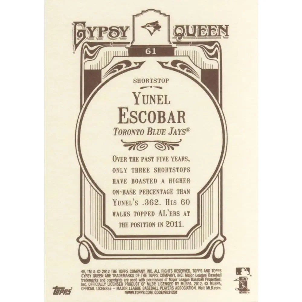 2012 Topps Gypsy Queen Yunel Escobar # 61 Toronto Blue Jays